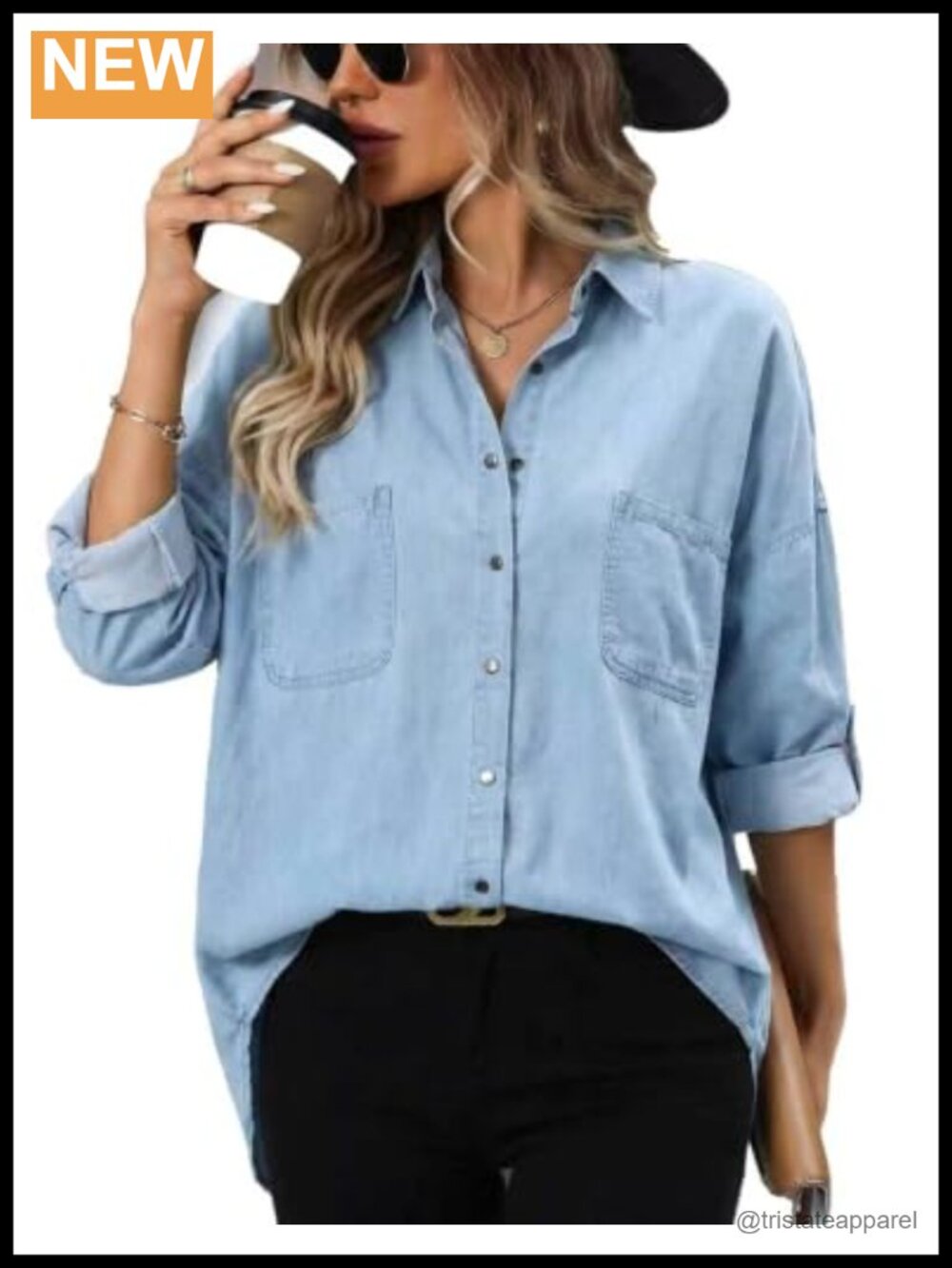 Women's Plus Size Snap Button Denim Shirt Long Sleeve
